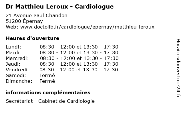 Dr Matthieu Leroux - Cardiologue à Épernay: adresse et heures d'ouverture