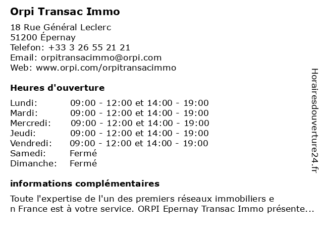 ORPI Orpi Transac Immo à Épernay: adresse et heures d'ouverture