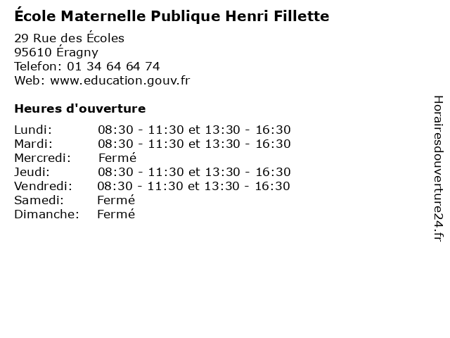 École Maternelle Publique Henri Fillette à Éragny: adresse et heures d'ouverture