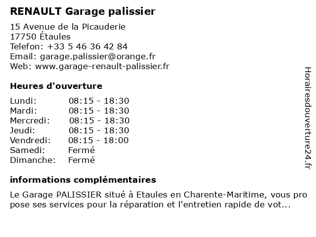 Renault - Sarl Palissier à Étaules: adresse et heures d'ouverture