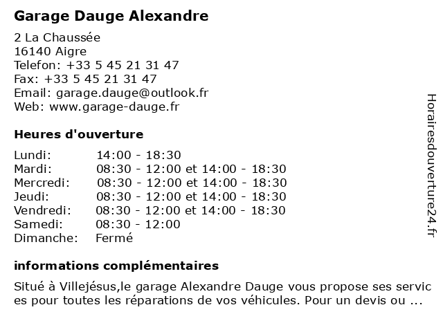 Garage Dauge Alexandre à Aigre: adresse et heures d'ouverture