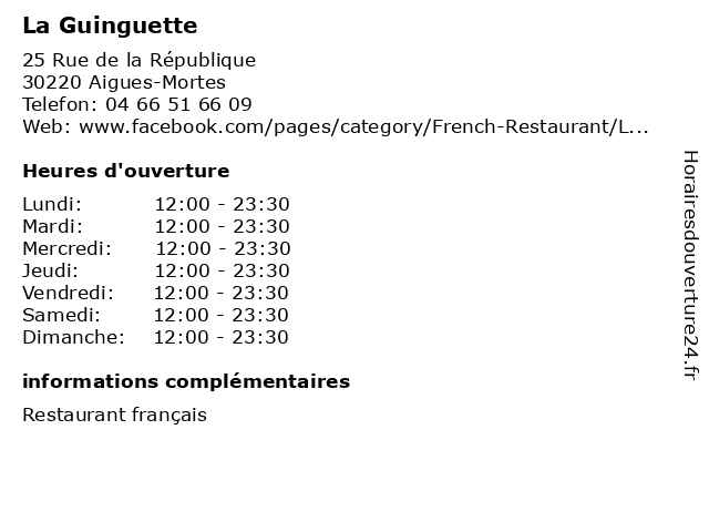 La Guinguette à Aigues-Mortes: adresse et heures d'ouverture
