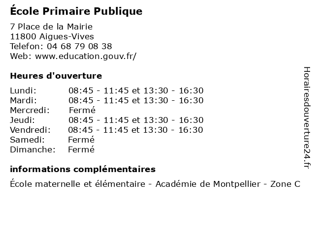 École Primaire Publique à Aigues-Vives: adresse et heures d'ouverture