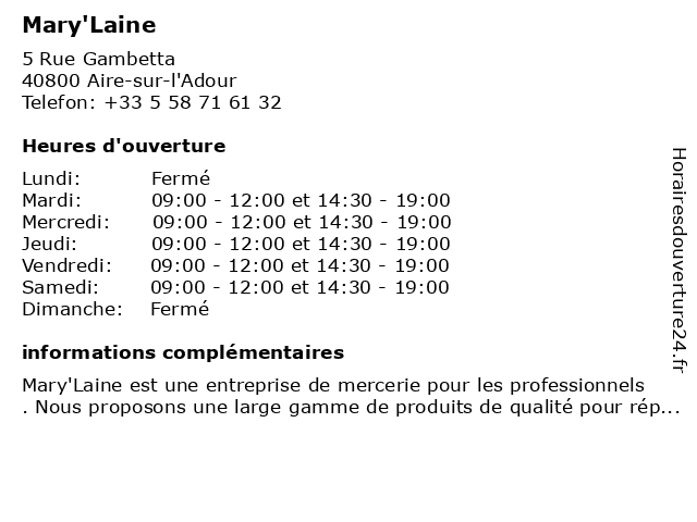 Mary'Laine à Aire-sur-l'Adour: adresse et heures d'ouverture