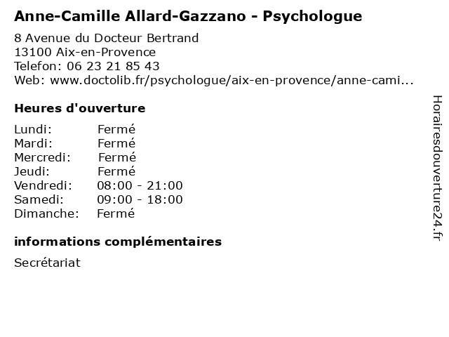 Anne-Camille Allard-Gazzano - Psychologue à Aix-en-Provence: adresse et heures d'ouverture