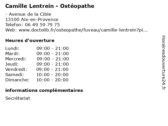 Camille Lentrein - Ostéopathe à Aix-en-Provence: adresse et heures d'ouverture