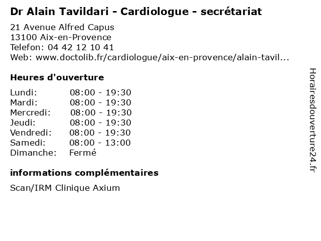 Dr Alain Tavildari - Cardiologue - secrétariat à Aix-en-Provence: adresse et heures d'ouverture