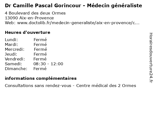 Dr Camille Pascal Gorincour - Médecin généraliste à Aix-en-Provence: adresse et heures d'ouverture
