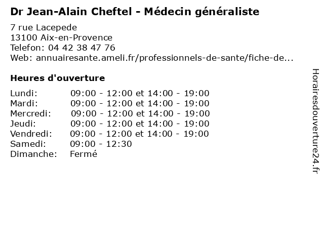Dr Jean-Alain Cheftel - Médecin généraliste à Aix-en-Provence: adresse et heures d'ouverture
