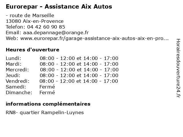 Eurorepar - Assistance Aix Autos à Aix-en-Provence: adresse et heures d'ouverture
