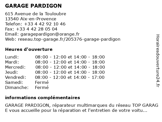 GARAGE PARDIGON à Aix-en-Provence: adresse et heures d'ouverture
