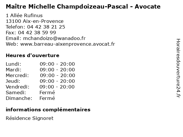Maître Michelle Champdoizeau-Pascal - Avocate à Aix-en-Provence: adresse et heures d'ouverture