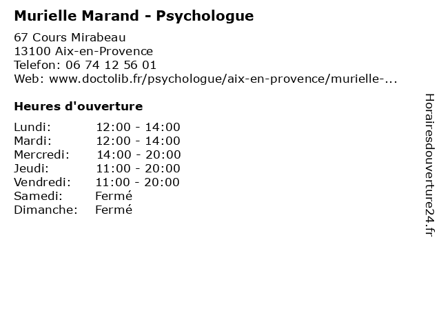 Murielle Marand - Psychologue à Aix-en-Provence: adresse et heures d'ouverture