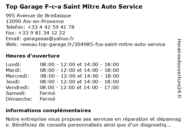 Top Garage F-c-a Saint Mitre Auto Service à Aix-en-Provence: adresse et heures d'ouverture
