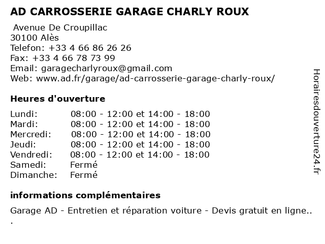AD CARROSSERIE GARAGE CHARLY ROUX à Alès: adresse et heures d'ouverture
