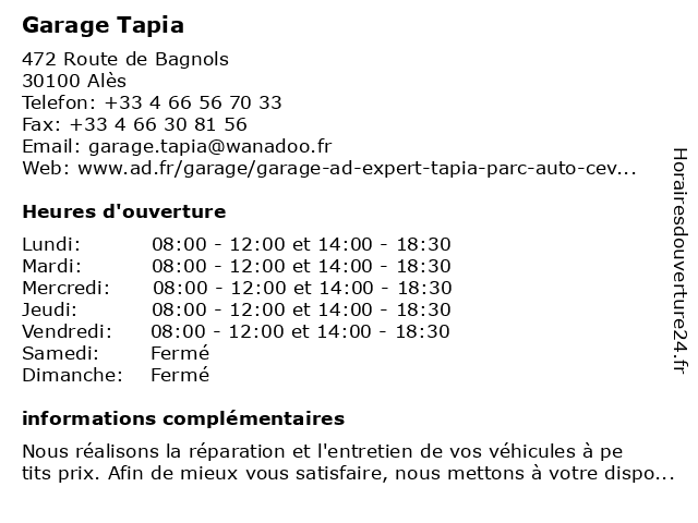 Garage Tapia à Alès: adresse et heures d'ouverture