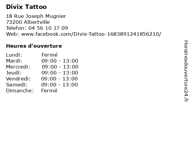 ᐅ Horaires d'ouverture „Divix Tattoo“