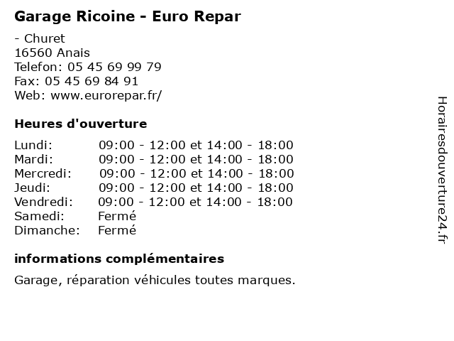 Garage Ricoine - Euro Repar à Anais: adresse et heures d'ouverture