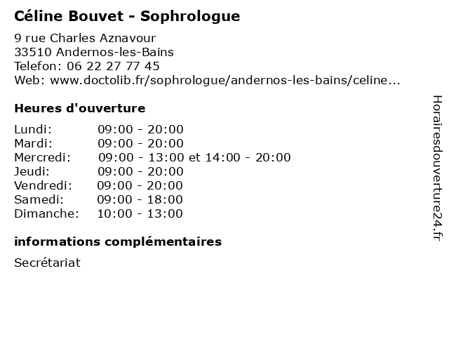 Céline Bouvet - Sophrologue à Andernos-les-Bains: adresse et heures d'ouverture