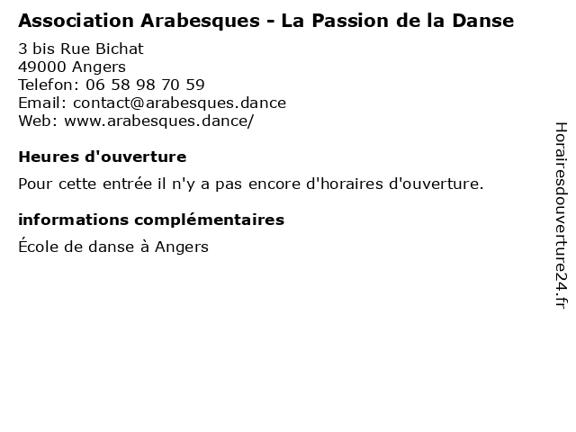 Association Arabesques - La Passion de la Danse à Angers: adresse et heures d'ouverture