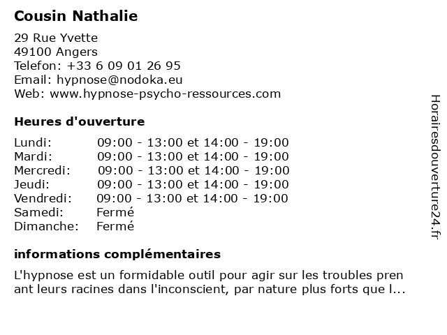 Cousin Nathalie à Angers: adresse et heures d'ouverture
