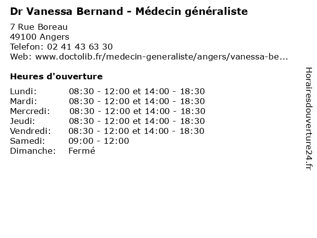 Dr Vanessa Bernand - Médecin généraliste à Angers: adresse et heures d'ouverture