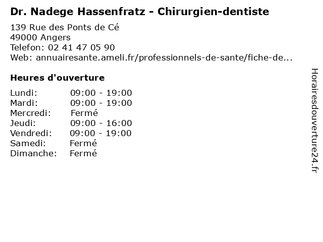 Dr. Nadege Hassenfratz- Dentiste à Angers: adresse et heures d'ouverture
