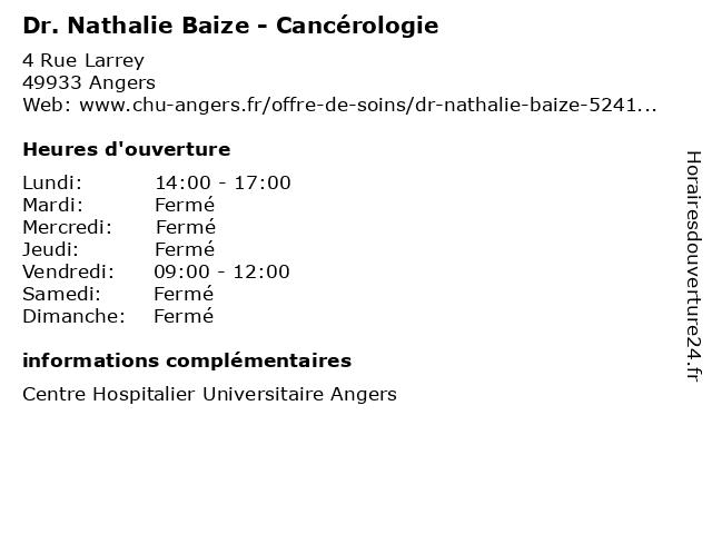 Dr. Nathalie Baize - Cancérologie à Angers: adresse et heures d'ouverture