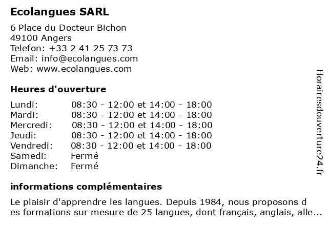 Ecolangues SARL à Angers: adresse et heures d'ouverture