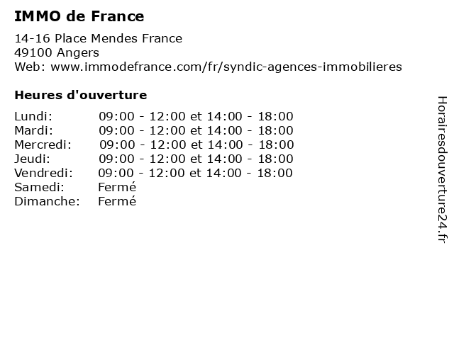 IMMO de France à Angers: adresse et heures d'ouverture