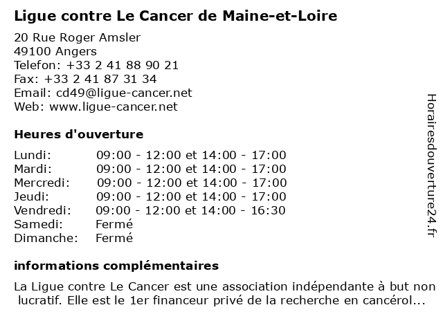 Ligue contre Le Cancer de Maine-et-Loire à Angers: adresse et heures d'ouverture
