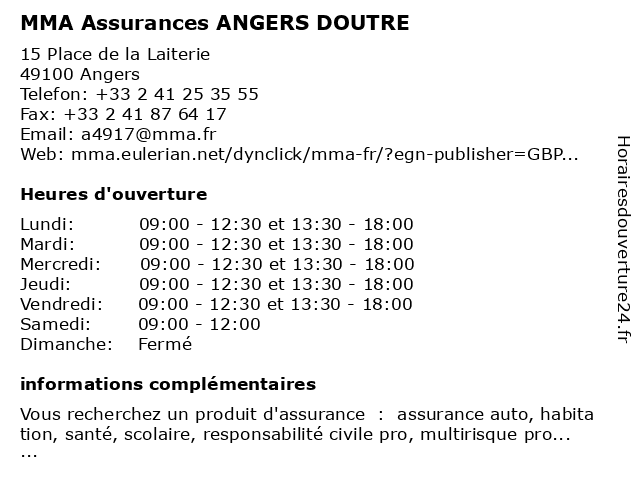 MMA Assurances ANGERS DOUTRE à Angers: adresse et heures d'ouverture