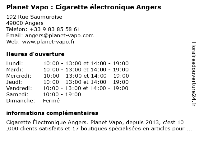 Planet Vapo : Cigarette électronique Angers à Angers: adresse et heures d'ouverture