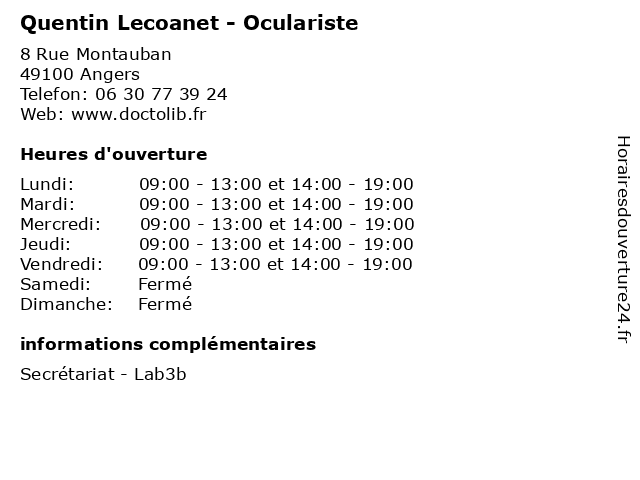 Quentin Lecoanet - Oculariste à Angers: adresse et heures d'ouverture