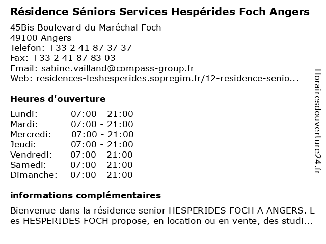 Résidence Séniors Services Hespérides Foch Angers à Angers: adresse et heures d'ouverture