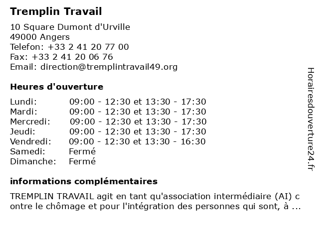 Tremplin Travail à Angers: adresse et heures d'ouverture
