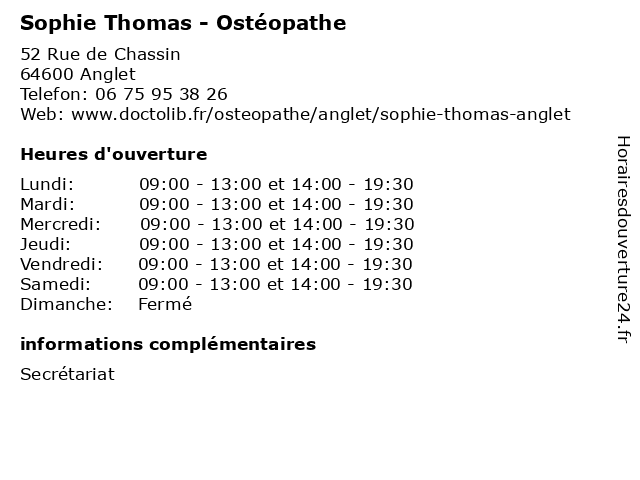 Sophie Thomas - Ostéopathe à Anglet: adresse et heures d'ouverture