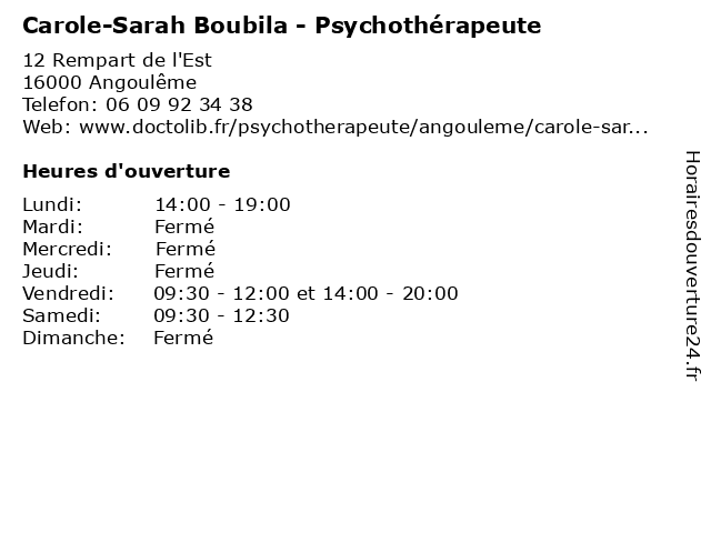 Carole-Sarah Boubila - Psychothérapeute à Angoulême: adresse et heures d'ouverture