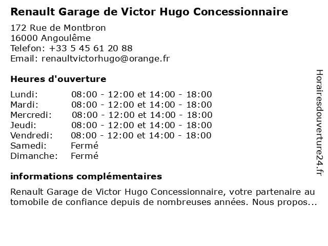 Renault Garage de Victor Hugo à Angoulême: adresse et heures d'ouverture