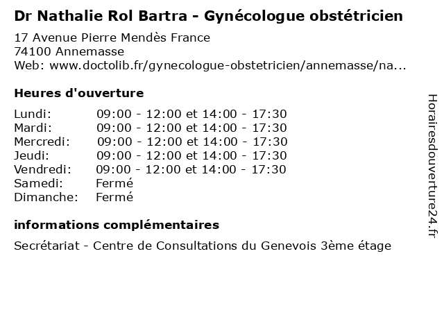 Dr Nathalie Rol Bartra - Gynécologue obstétricien à Annemasse: adresse et heures d'ouverture