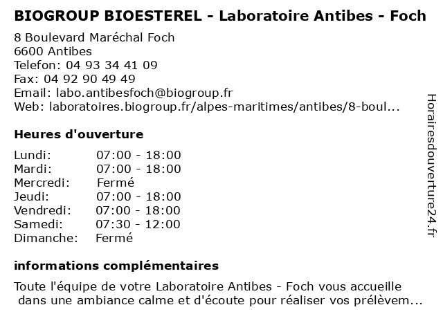 BIOGROUP BIOESTEREL - Laboratoire Antibes - Foch à Antibes: adresse et heures d'ouverture