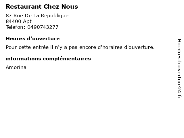 Restaurant Chez Nous à Apt: adresse et heures d'ouverture