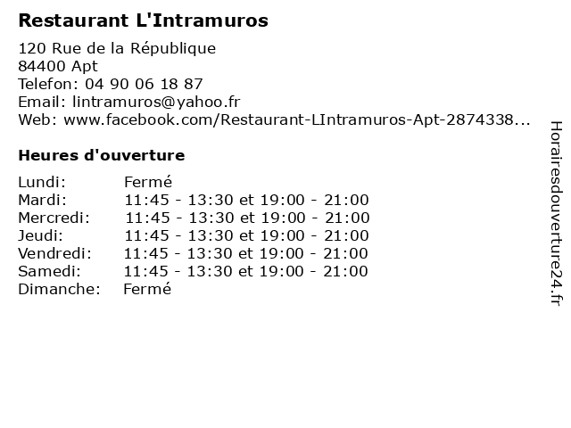 Restaurant L'Intramuros à Apt: adresse et heures d'ouverture
