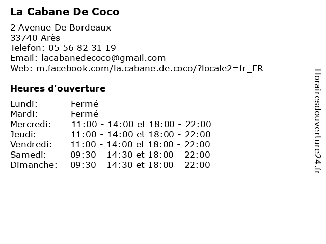 La Cabane De Coco à Arès: adresse et heures d'ouverture