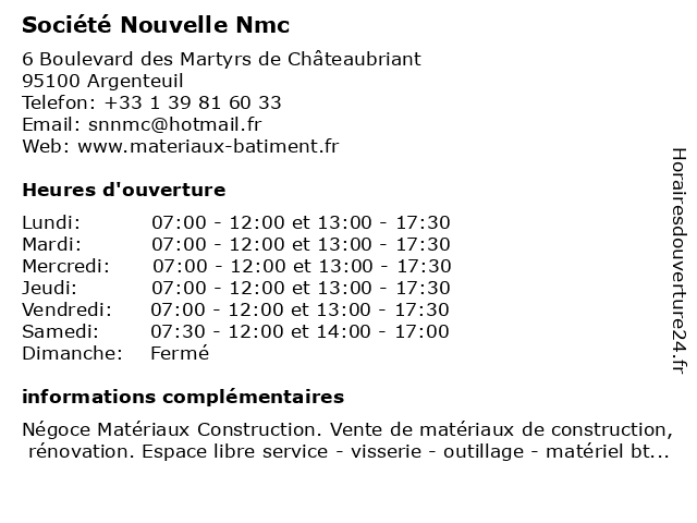 Société Nouvelle Nmc à Argenteuil: adresse et heures d'ouverture