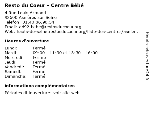 ᐅ Horaires D Ouverture Resto Du Coeur Centre Bebe 4 Rue Louis Armand A Asnieres Sur Seine
