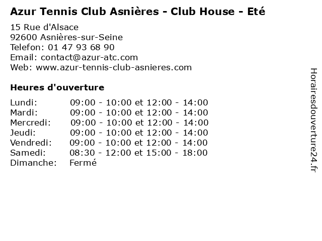 Azur Tennis Club Asnières - Club House - Eté à Asnières-sur-Seine: adresse et heures d'ouverture
