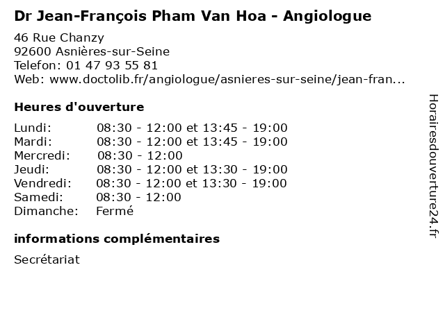 Dr Jean-François Pham Van Hoa - Angiologue à Asnières-sur-Seine: adresse et heures d'ouverture