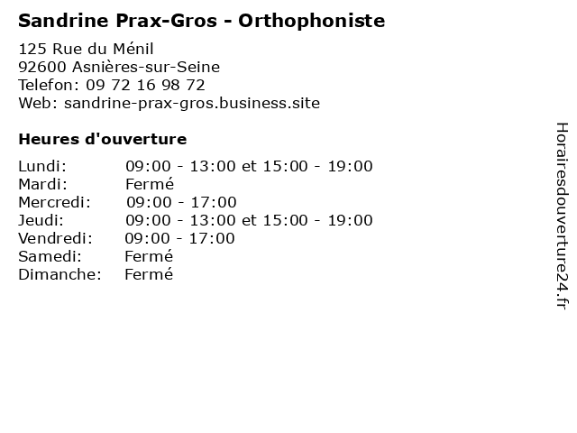 Sandrine Prax-Gros - Orthophoniste à Asnières-sur-Seine: adresse et heures d'ouverture