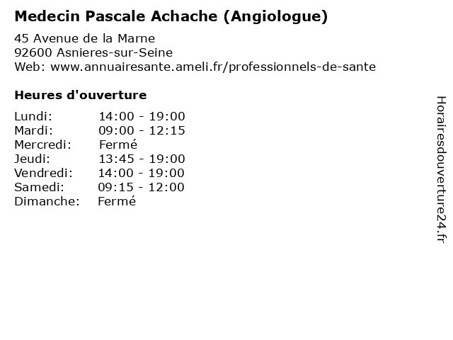Medecin Pascale Achache (Angiologue) à Asnieres-sur-Seine: adresse et heures d'ouverture